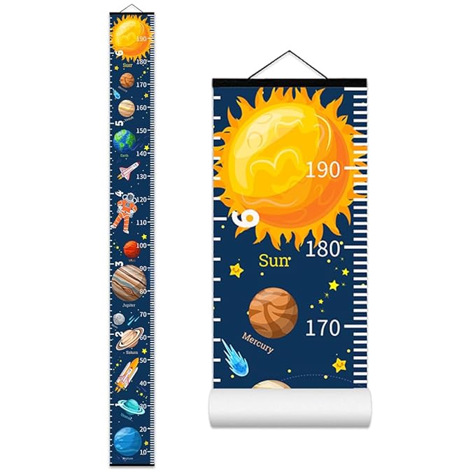 Baby Growth Chart for Wall - Height Chart for Kids Nursery Decor Wall Hanging Measurement Ruler with Black Wood Scroll Toddlers Room Decor Birthday Christmas Gifts for Boys Girls 79"X7.9" (Planets)
