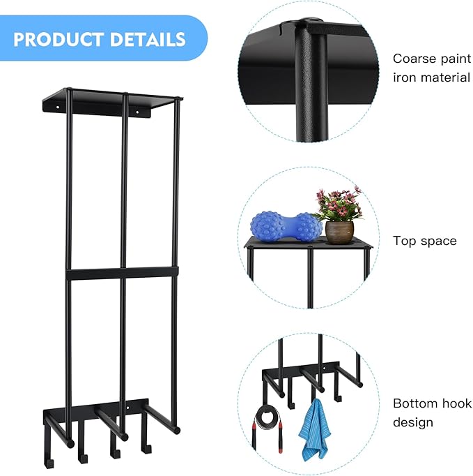 Yoga Mat Holder Yoga Mat Holder Wall Mount Home Gym Accessories Organizer,Towel Storage Rack with 4 Hooks for Hanging Foam Roller and Resistance Bands Gym Organization for Home Gym