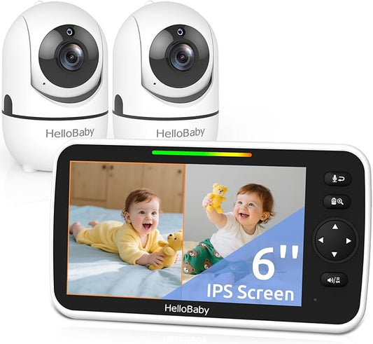 HelloBaby Baby Monitor 2 Cameras, 6'' World First IPS Split-Screen 30H Battery, No WiFi 2-Way Audio, Video, VOX, Double Cameras Pan-Tilt-Zoom, Night Vision, 8 Lullabies, 1000ft for Twins