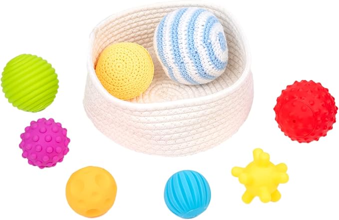 Adena Montessori 8 Pack Sensory Balls for Toddlers 1-3,Sensory Baby Toys 6-12 Months,Infant Educational Squeeze Sensory Toy Soft Multi Ball Set Gifts with Bright Color Textured with White Woven Basket