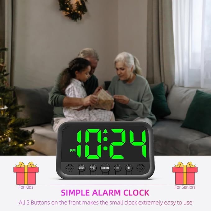 Small LED Digital Clock for Bedroom, Loud Alarm Clock for Heavy Sleepers Adults, Teens | Plug-In Electric Desk Clock | Simple Bedside Nightstand Clock with Adjustable Volume/Brightness/Snooze – Green