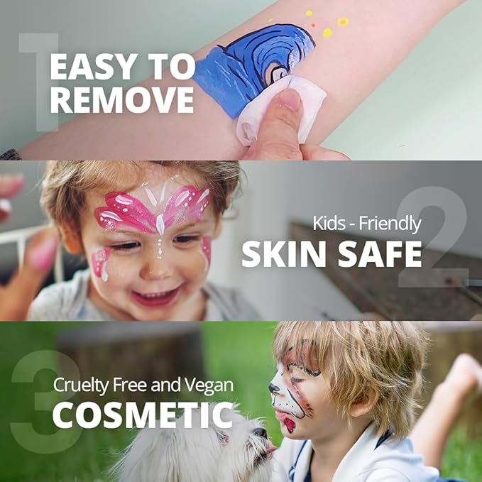 Grida Kids Friendly Face Paint - Professional Party Face Painting Kit for Kids with 12 Vibrant Colors with Double White - Easy to Remove, Vegan, Cruelty-Free Set with Palette & Art Brushes