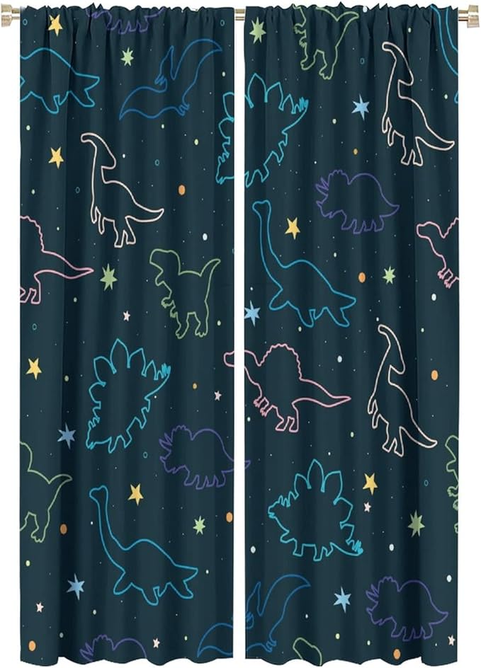 Cartoon Colorful Dinosaur Curtains for Kids Boys Girls Home Decor, Astronaut Funny Outer Space Star Blackout Rod Pocket Window Drapes for Bedroom Living Room W21xL63in 2 Panels