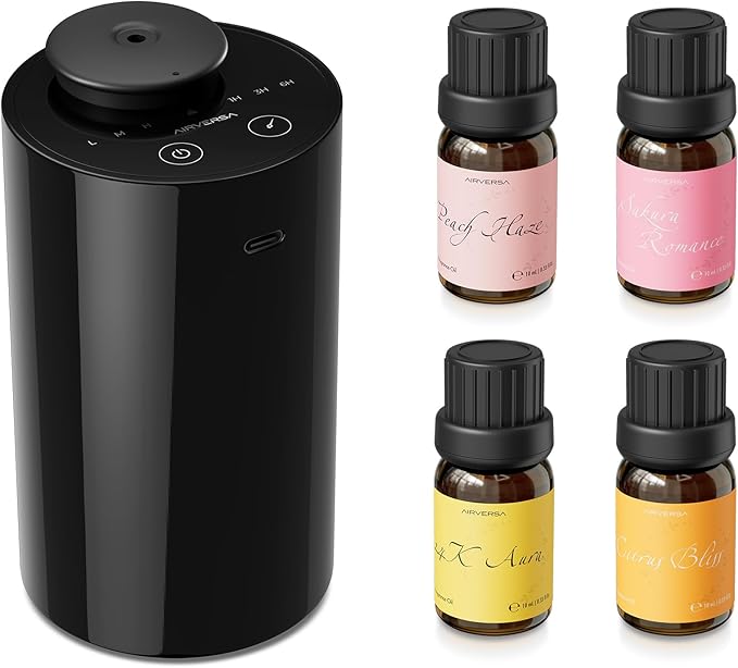 Waterless Essential Oil Diffuser Starter Kit with 4 x 10mL Fragrance Scent Oil, Battery Operated Mini Scent Air Machine Portable Diffuser for Home Car Office, AN6 Black Kit01