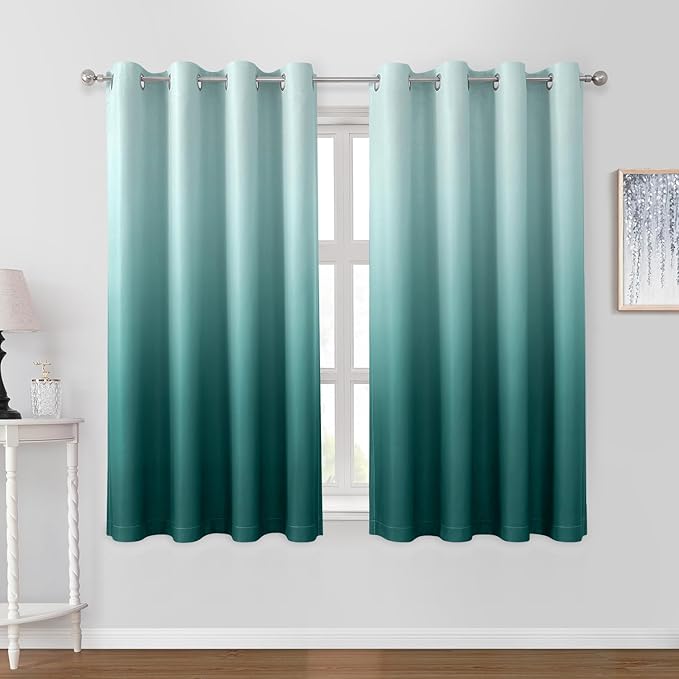 HOMEIDEAS Teal Ombre Blackout Curtains 52 X 63 Inch Length Gradient Room Darkening Thermal Insulated Energy Saving Grommet 2 Panels Window Drapes for Living Room, Bedroom