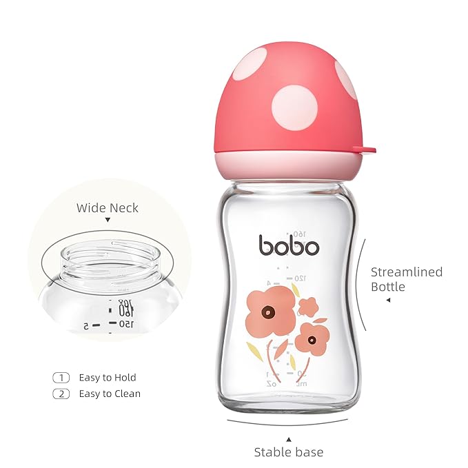 YOHKOH Natural Glass Baby Bottle with Natural Response Nipple, Newborn Anti-Colic Baby Bottles, Wide Neck Mushroom Cap Baby Bottle, Clear ((5.4oz (Pack of 4), Red-1)