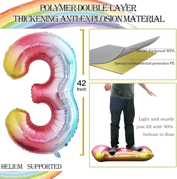 GOER 2 Pcs 42 Inch Rainbow Foil Balloons Number 3,Huge Number Balloons for 3rd 33rd Birthday Party Supplies Anniversary Decorations