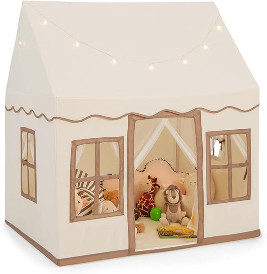 INFANS Kids Play Tent with Washable Mat Star Light Windows, Anti-Trip Large Playhouse Toys for Children Boys Girls, Indoor Outdoor Princess Tents Castle for Toddlers (Beige)