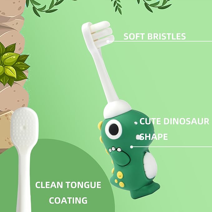 Neverfade Dinosaur Kids Toothbrush - Extra Soft Wide Head Toothbrush Tor Baby, 0.08mm Soft Filament Toddler Toothbrush for Kids 2-4,Make Brushing Fun and Protect Kids Delicate(Yellow)