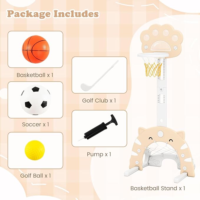 Costzon 3 in 1 Toddler Basketball Hoop, Height Adjustable Kids Sports Center w/Foldable Basketball, Soccer & Golf Game, Indoor Outdoor Activity Playset w/Foldable Rim, Gift for Children Baby Infant