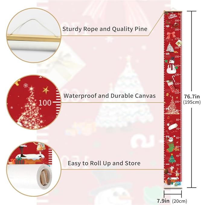Christmas Decorations, Growth Chart for Wall, Height Chart for Kids, Xmas Nursery Decor, Hanging Ruler Wall Decor, Baby Room Decor, Christmas Gifts for Boys Girls - 76.7 x 7.9 inch with Black Wood