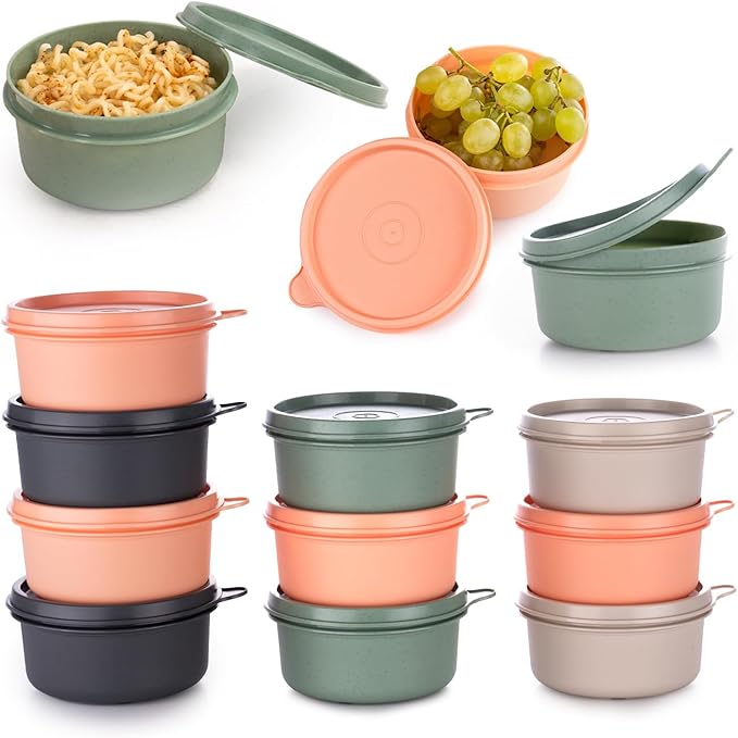 Set of 12 Small Round 9 oz Deli Containers with Lids, Airtight Leakproof Reusable Food Storage, Plastic To Go Bento Box, Mini Lunch Box, Snack Storage Bowl, for Kitchen, Picnic (12)