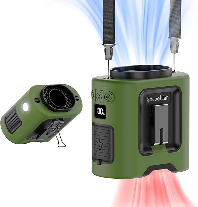 Socool 14500mAh Portable Waist Fan Clip on Belt 360 Rotation Wearable Rechargeable Personal Shirt Fan, 67H Cooling 5-Speed Battery Operated with Light, Neck Fan Hands-Free for Outdoor Jobsite Camping
