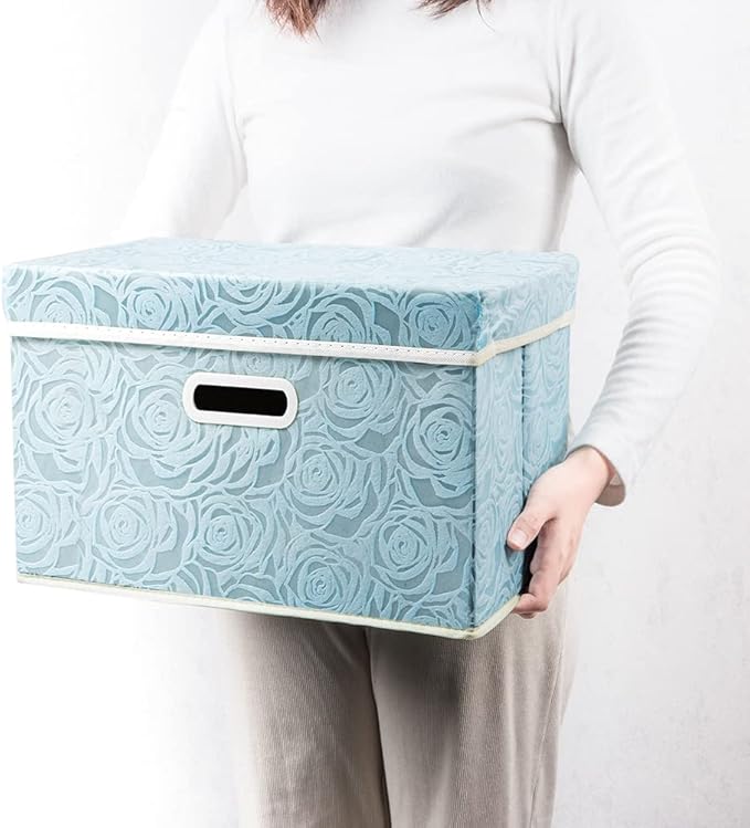 PRANDOM Collapsible Storage Cubes with Lids Fabric Decorative Storage Bins Boxes Organizer Containers Baskets with Cover Handles for Bedroom Closet Living Room 14.9x9.8x9.8 Inch 3 Pack