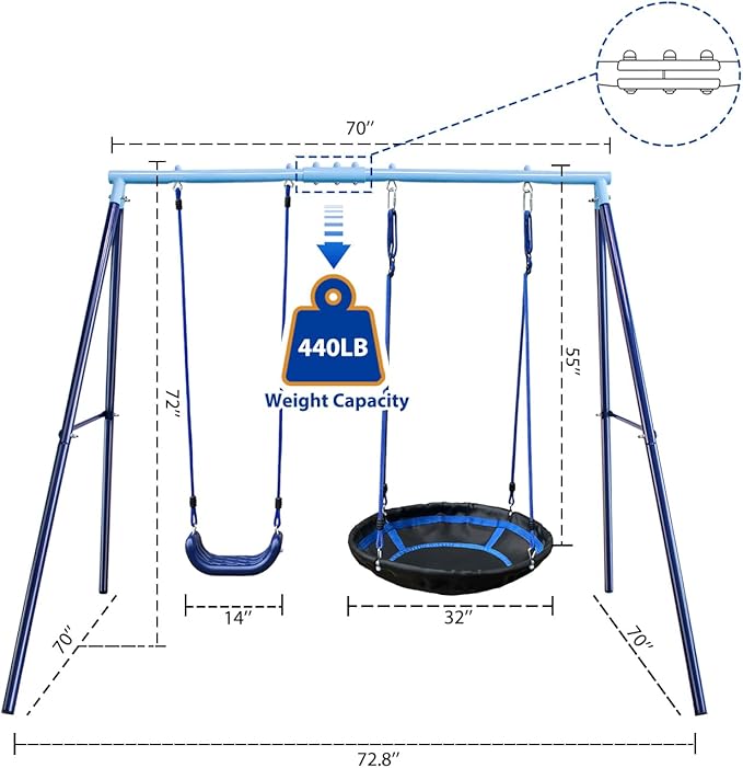 2 Seat Swing Set for Backyard - Metal A-Frame Holds 440 lbs, 1 Adjustable Saucer Swing and 1 u-Shape Swing - Suitable for Kids 3-8 Years