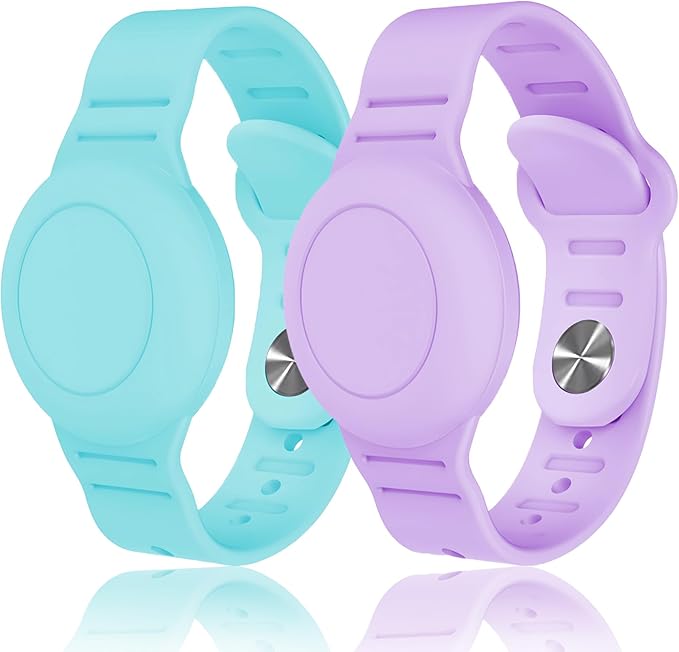 Kids Waterproof Airtag Bracelet Compatible with Apple AirTag, Hidden Silicon Protective Case for Air Tag GPS Tracker Holder, Adjustable Anti-Lost Watch Band for Toddler Child (Cyan & Purple)
