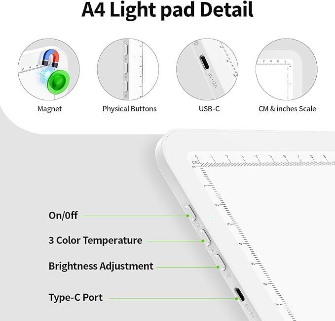 Up To 9000Lux Super Bright A4 Light Pad With Bag,Rechargeable light box with 4000mAH Lithium Battery for Cricut Weeding Vinyl Tool,Magnet light box for tracing,Diamond Painting,Sketching,Tattoo(White)
