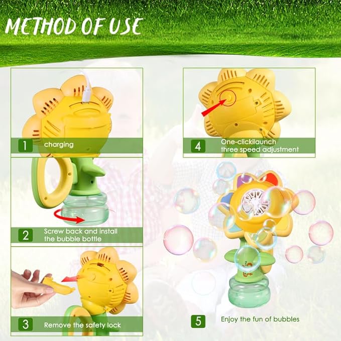 Sunflower Bubble Machine for Kids Automatic Flower Bubble Toy with Colorful Lighting for Toddlers Handheld 20000+Bubbles 3 Modes Fun Swing Dance Bubble Maker Blower Blaster Outdoor Toys Type-C Pink