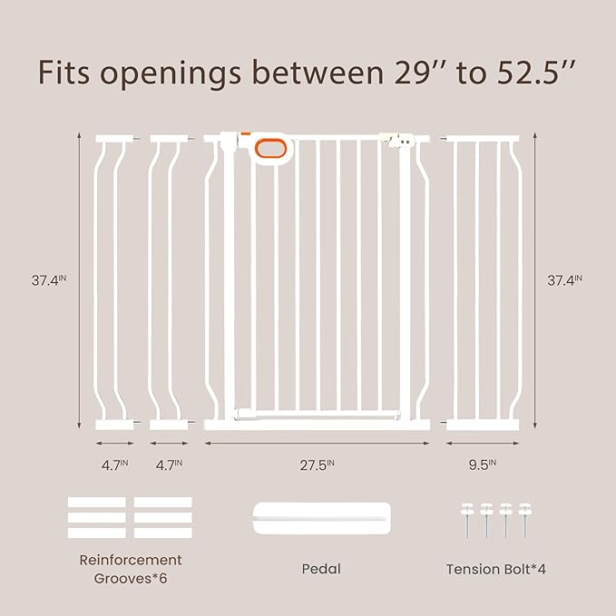 owlie 37.4" Extra Tall Wide Baby Gate for Stairs Doorways,29-52 Inch Extra Large Long Baby Gate with Door Indoor Safety Metal Pressure Mounted Pet Gate with Walk-Thru Auto Close, White