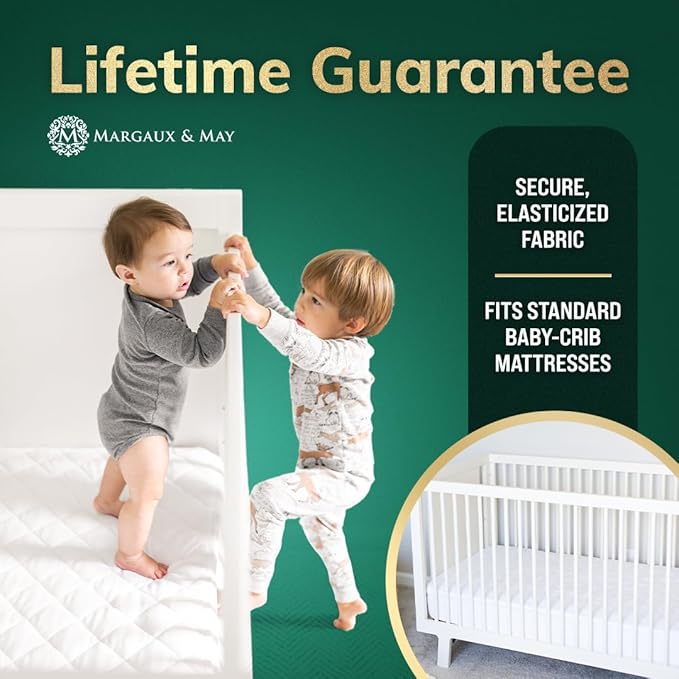 Crib Mattress Protector Pad - Ultra-Soft Waterproof Breathable Premium Bamboo Rayon - Noiseless Fitted Dryer Safe Cover. High Absorbency Oeko-TEX Certified (28 x 52 x 9 inches) MARGAUX & MAY