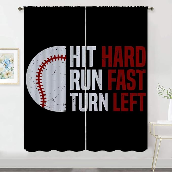 Baseball Blackout Curtains for Boy Girl Room Darkening Decor,Sport Theme Red and White Motto Dark Bedroom Living Room Home Rod Pocket Thermal Insulated Window Curtain/Drapes Panel,72x63 Inch…
