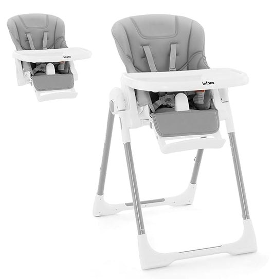 INFANS High Chair for Babies & Toddlers, Foldable Highchair with Multiple Adjustable Backrest Footrest Seat Height, Removable Tray, Detachable PU Leather Cushion Wheels (with Booster, Light Grey)