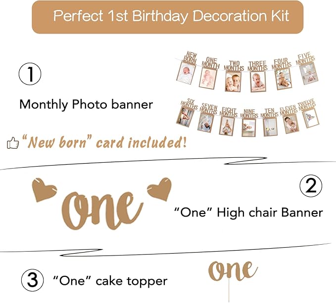1st Birthday Photo Banner Decorations Monthly Milestone Photograph Bunting Garland with First Birthday Cake Topper High Chair Banner 1st Birth Decorations