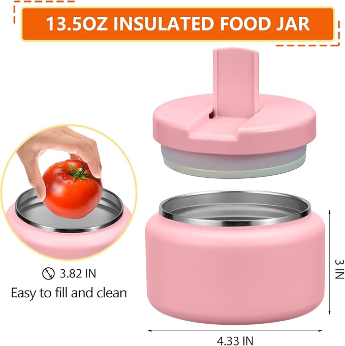 13.5oz Kids Thermos for Hot Food, Insulated Vacuum Food Jar with Buckle Lid, Stainless Steel Wide Mouth Leak Proof Insulated Lunch Container for School Picnic Travel,Pink