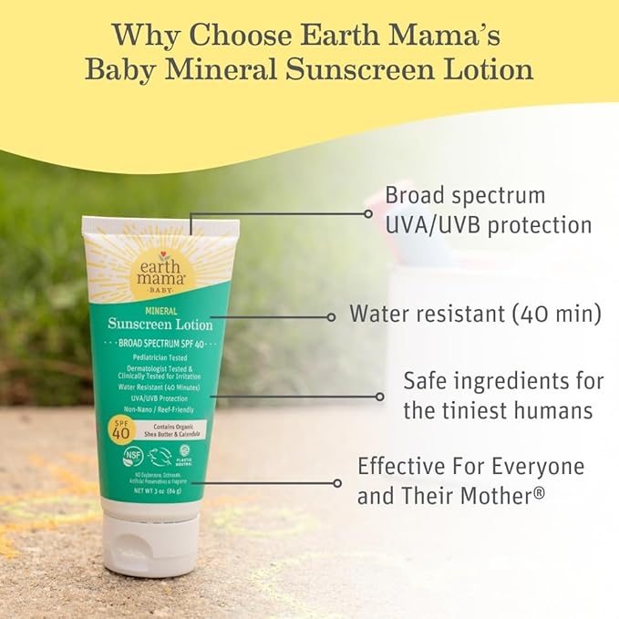 Earth Mama Baby Mineral Sunscreen Lotion SPF 40 | Non-Nano Zinc, Natural Water Resistant Sun Cream for Babies, Kids & Adults, 3-Ounce