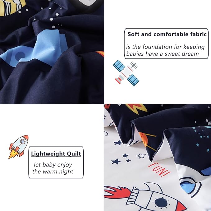 PERFEMET 4 Pcs Toddler Bedding Dark Blue Outer Space Printed Toddler Bed Set with Sheets Reversible Planet Rocket Pattern Bed in a Bag for Toddlers(Dark Blue, Planet/Rocket)