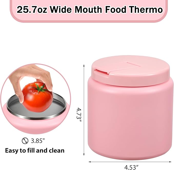 26oz Kids Thermos for Hot Food, Insulated Vacuum Food Jar with Buckle Lid, Stainless Steel Wide Mouth Leak Proof Insulated Lunch Container for School Picnic Travel, Pink