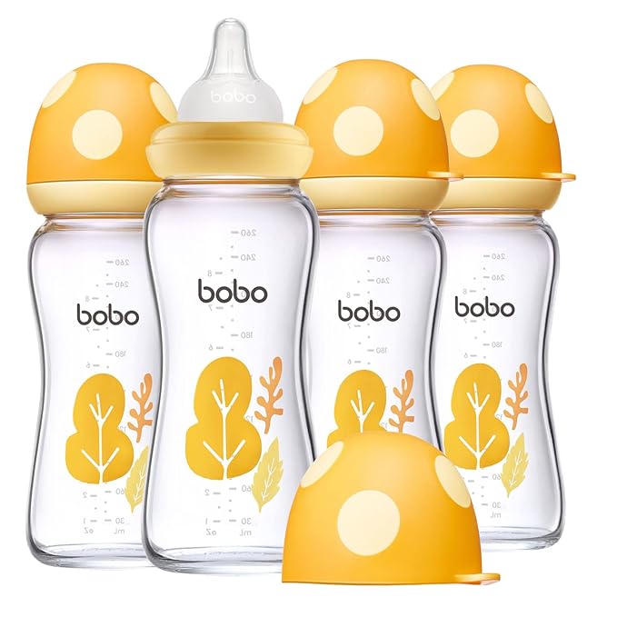 YOHKOH Natural Glass Baby Bottle with Natural Response Nipple, Newborn Anti-Colic Baby Bottles, Wide Neck Mushroom Cap Baby Bottle, Clear (Yellow, (8.8oz (Pack of 4))
