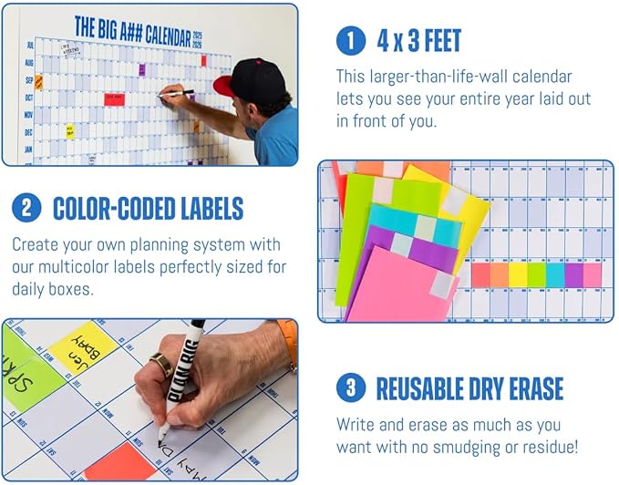 The Big A## Calendar Mid-Year Wall Planner – July to June Dry-Erase Board – Includes 1 Markers & 100 Labels – Lightweight, Easy to Hang Yearly Planner – Plan Goals & Adventures – Gray, 4’x3’