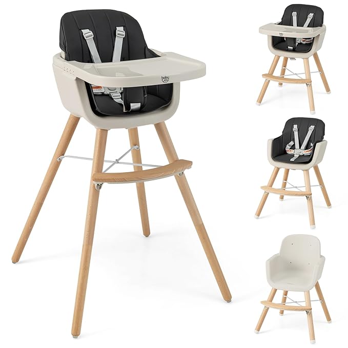 BABY JOY Baby High Chair, 3-in-1 Convertible Wooden Highchair for Babies & Toddlers, Infant Feeding Chair w/ 5-Point Safety Harness, Footrest, Adjustable Legs, Removable Tray & PU Cushion (Black)