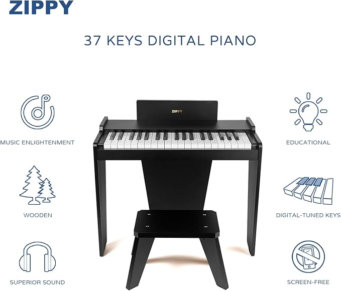ZIPPY Kids Piano Keyboard, 37 Keys Digital Piano for Kids, Music Educational Instrument Toy, Wood Piano for 3+ Girls and Boys (Black Basic)