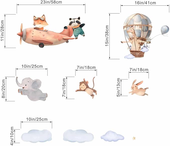 Animals Airplane Wall Stickers for Nursery: Baby Kids Bedroom Wall Decals - Aircrafts Hot Air Balloon Elephant Fox Giraffe Monkey