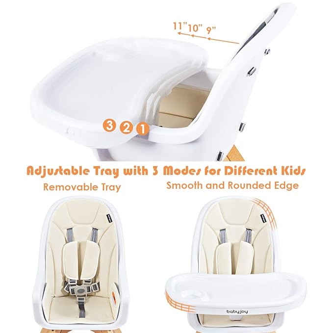 BABY JOY 3 in 1 High Chair, Baby Eat & Grow Convertible Wooden High Chair/Rocking Chair/Booster Seat/Toddler Chair, Infant Dining Chairs w/Double Removable Tray, 5-Point Seat Belt & PU Cushion, Beige