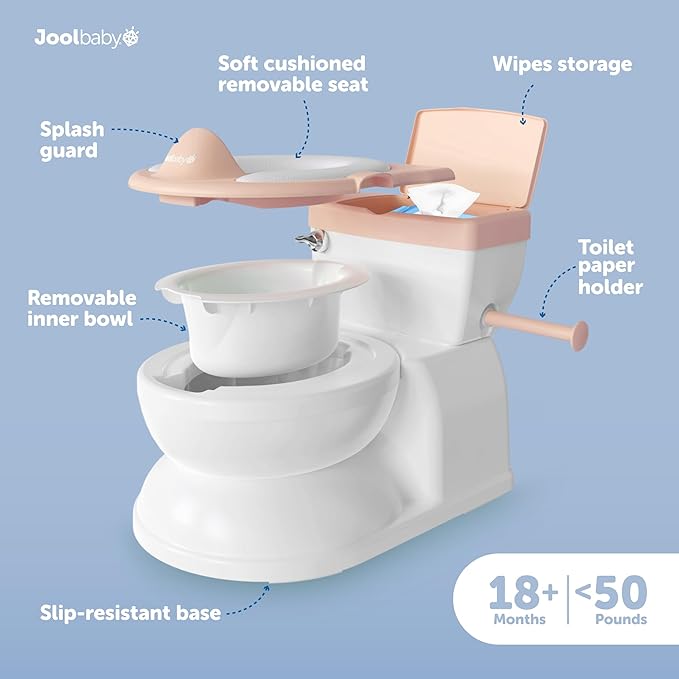 Real Feel 2-in-1 Potty with Wipes Storage, Flushing Sounds & Disposable Liners - Realistic Toilet - Easy to Clean & Assemble - Jool Baby (Pink)