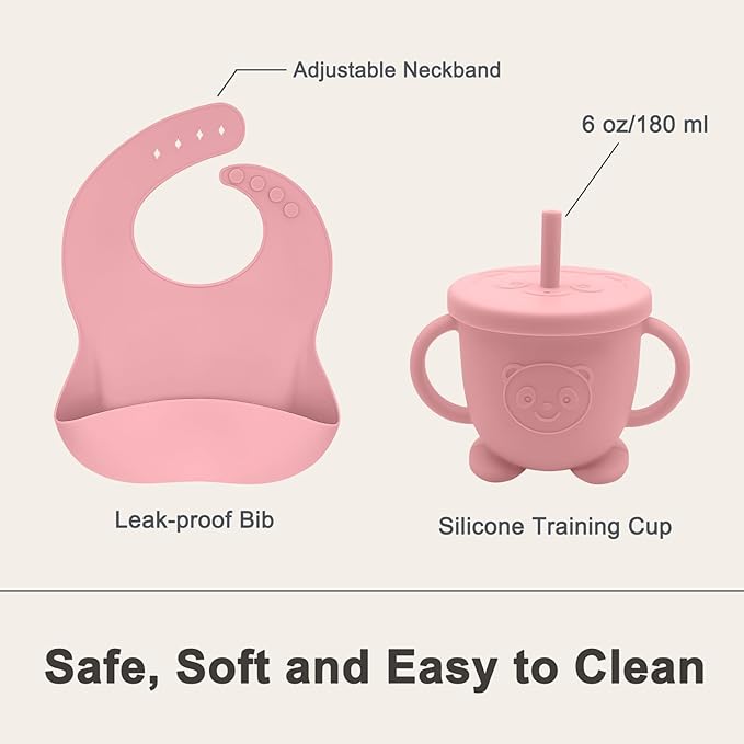 Silicone Baby Feeding Set | Baby Led Weaning Supplies Includes Suction Bowls and Divided Plates, Adjustable Bib, Baby Utensils Spoons and Forks,Cup | Baby Feeding Essentials (Pink)