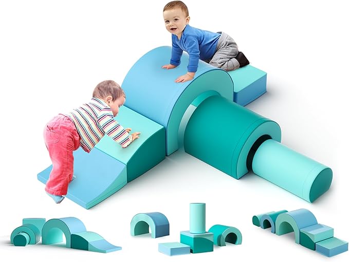 Lischwert Foam Climbing Blocks, Soft Climbing Toys for Toddlers, 5 Pieces Crawl and Climb Foam Playset with Foldable Block and Tunnel, Indoor Climber Activity Play Set for Kids Age 1+