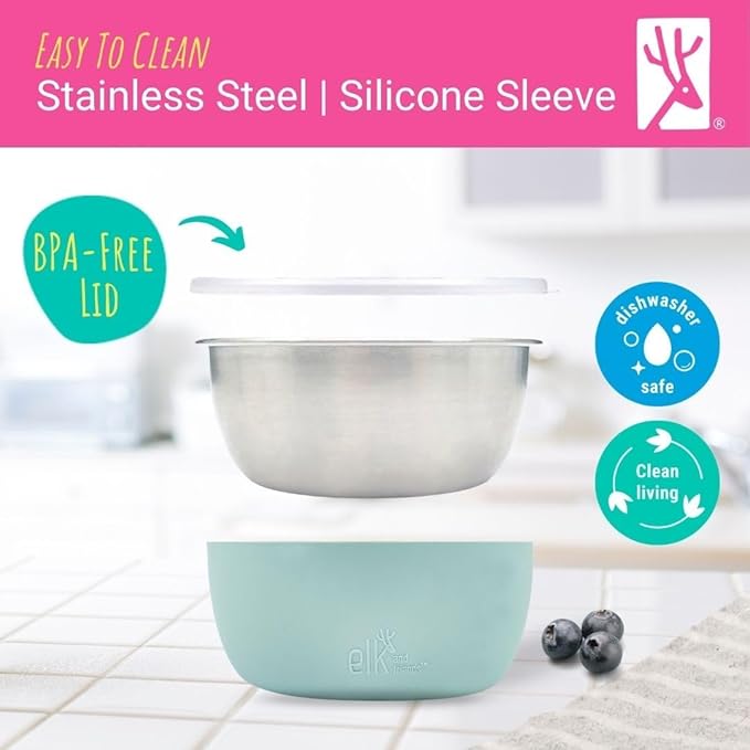 Elk and Friends Stainless Steel Bowls + Silicone Sleeve and Storage Lid | Baby, Toddler, Kids | Cereal & Snack Bowls | Storage Containers | Dishwasher Safe | 4 Pack