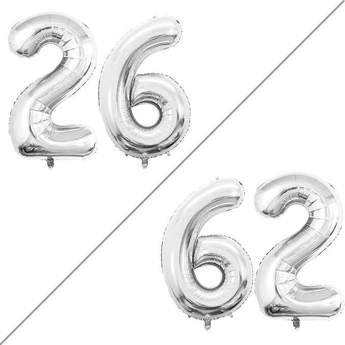 GOER Number 26 Balloons for 26th Birthday Party Decorations,42 Inch Jumbo Foil Helium 62 Balloons for 62nd Birthday Party Decoration (Silver)
