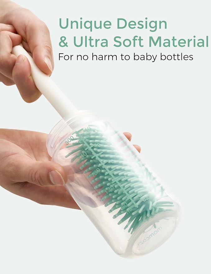 Momcozy Bottle Brush Set - Baby Bottle Cleaner Kit with Silicone Brush, Nipple Brush, Straw Brush, Soap Dispenser, Drying Rack - 7 in 1 Bottle Cleaning Tool for Home and Travel, Pink