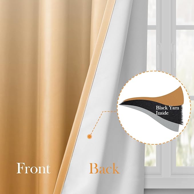 HOMEIDEAS Gold Ombre Blackout Curtains 52 X 84 Inch Length Gradient Room Darkening Thermal Insulated Energy Saving Grommet 2 Panels Window Drapes for Living Room, Bedroom