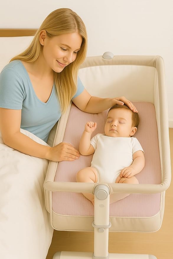 Muslin Bedside Bassinet Sheets 2 Pack, 33x20 Fitted Ultra Soft & Breathable Bedside Sleeper Sheets, Ideal for Baby Girl and Boy, Perfect for Newborns (Hopping Bunnies & Beige)
