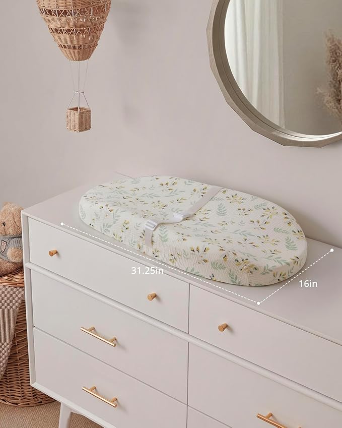 Blissful Diary Muslin Baby Changing Pad with Waterproof Lining Foam, Baby Changing Table Pad with Cover for Dressers (Botanical Leaf, Avocado)