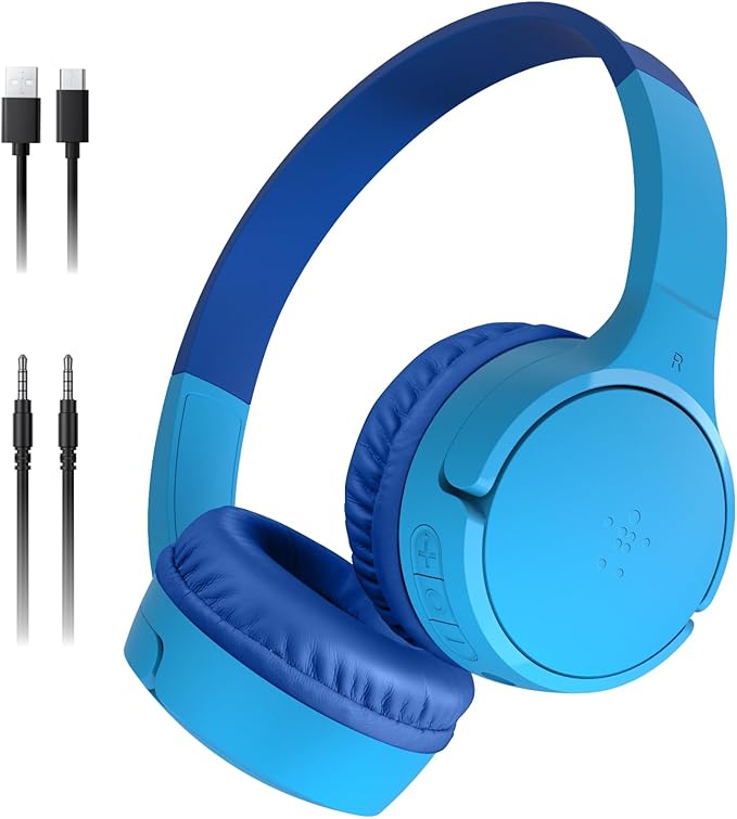 Belkin SoundForm Mini - Wireless Bluetooth Kids Headphones, 30H Battery, 85dB Safe Volume Limit, Built-in Microphone - Toddler On-Ear Earphones for iPhone, iPad, Fire Tablet, Ideal for School - Blue