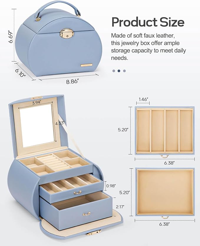 Homde Girls Jewelry Box Jewelry Storage Case Organizer Faux Leather with Mirror for Rings, Earrings, Bracelets, Necklaces (Grey Blue)