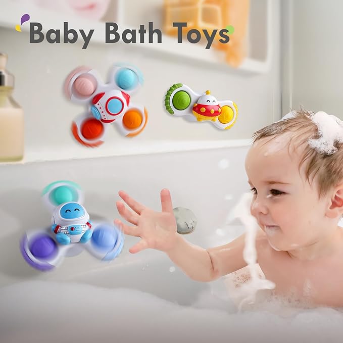 ALASOU 3PCS Pop Suction Cup Spinner Toys for 1 Year Old Boy Girl|Novelty Spinning Tops Toddler Toys Age 1-2|Sensory Baby Bath Toy for Toddlers 1-3|12 18 Months Boy Birthday Gift for Infant