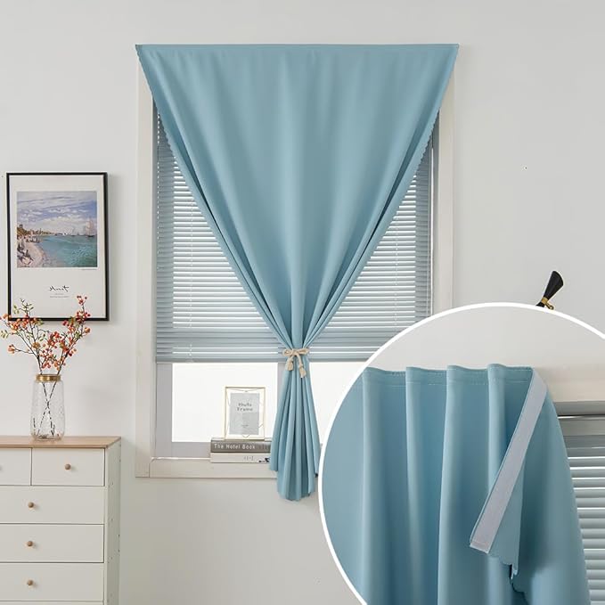 Self Adhesive Curtains, Black Out Shade for Window, Blackout Fabric Temporary Window Coverings Easy to Hang Curtains No Rod Needed, Use for Bedroom, Room, Kitchen, 59" W X 84" L, Lake Blue, 1 Panel